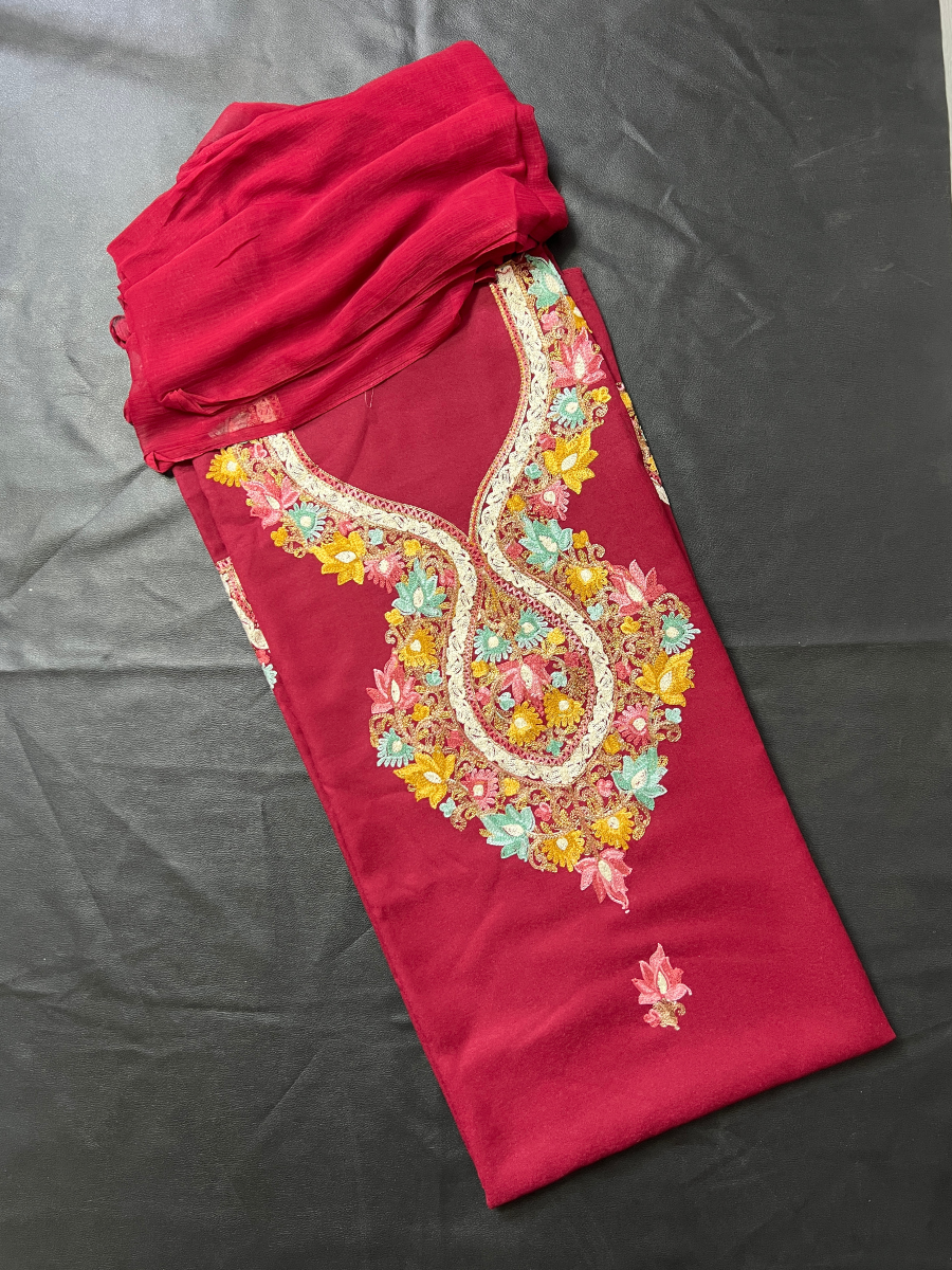 Kashmiri Botti Aari 3 Piece Unstitched Suit | Red
